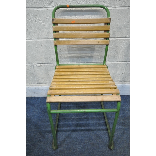 1231 - A SET OF EIGHT TEAK GREEN PAINTED TUBULAR STACKING CHAIRS, with teak slatted seats and back rests, w... 