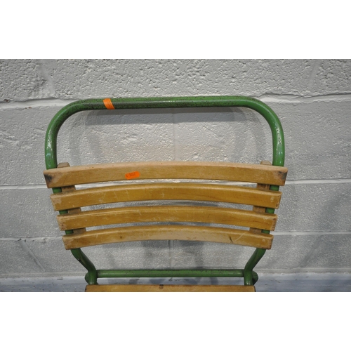 1231 - A SET OF EIGHT TEAK GREEN PAINTED TUBULAR STACKING CHAIRS, with teak slatted seats and back rests, w... 