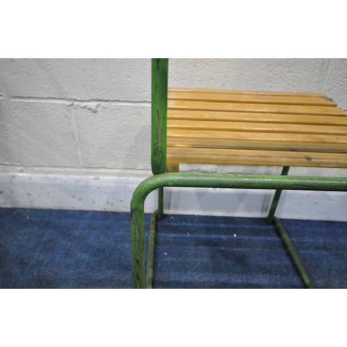 1231 - A SET OF EIGHT TEAK GREEN PAINTED TUBULAR STACKING CHAIRS, with teak slatted seats and back rests, w... 