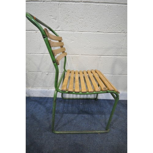 1231 - A SET OF EIGHT TEAK GREEN PAINTED TUBULAR STACKING CHAIRS, with teak slatted seats and back rests, w... 