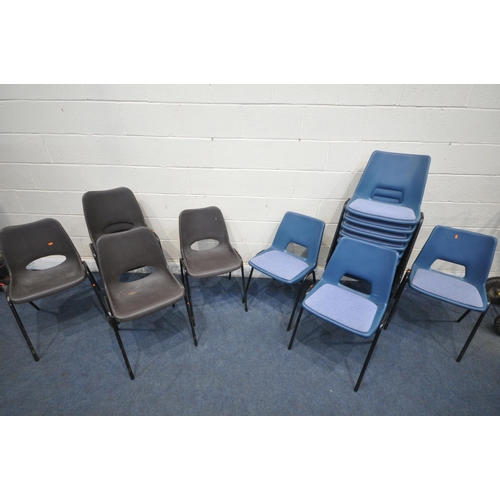 1233 - A SET OF TWELVE BLUE PLASTIC STACKING CHAIRS, along with a set of six brown stacking chairs (conditi... 