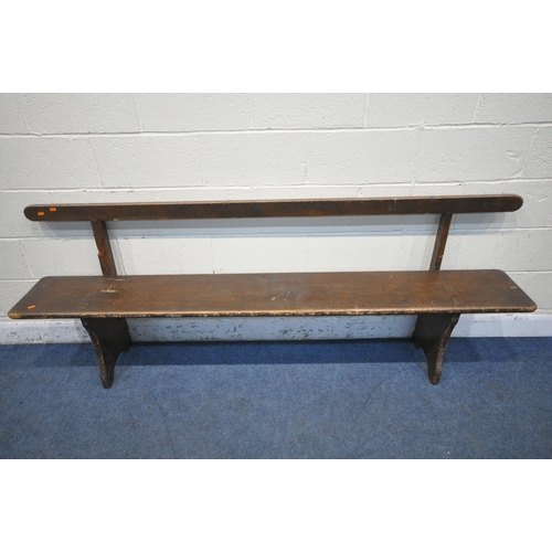 1235 - A 19TH CENTURY PINE CHURCH BENCH, from Acresford Methodist Church, with trestle legs, length 213cm x... 