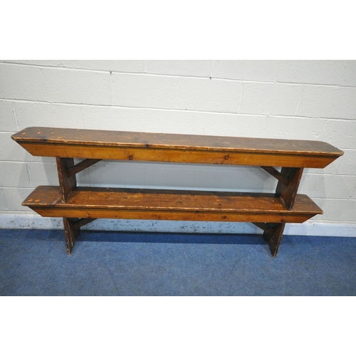 1236 - A PAIR OF 19TH CENTURY PINE BENCHES, from Acresford Methodist Church, with trestle legs, length 214c... 