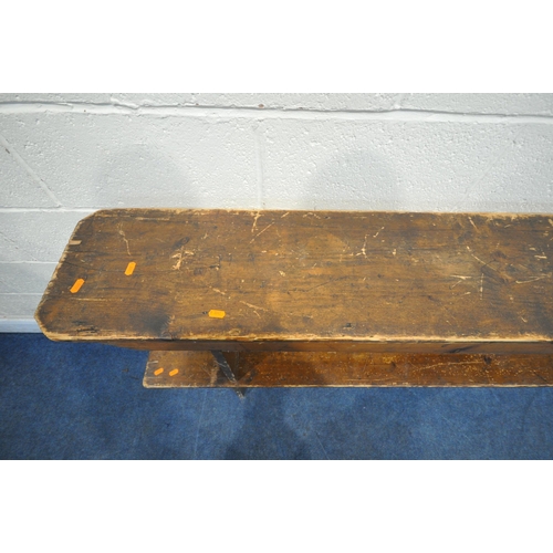 1236 - A PAIR OF 19TH CENTURY PINE BENCHES, from Acresford Methodist Church, with trestle legs, length 214c... 