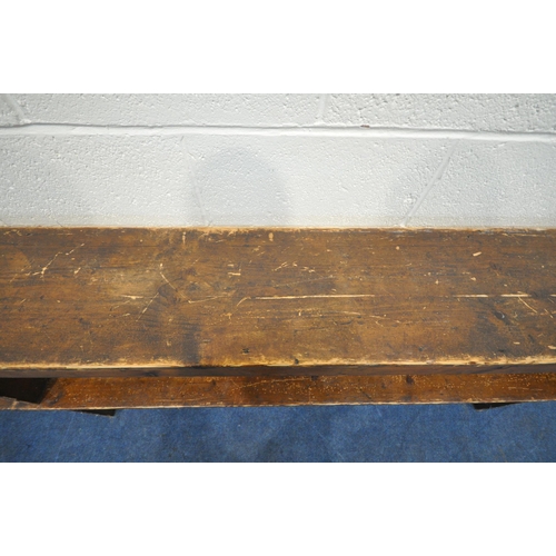 1236 - A PAIR OF 19TH CENTURY PINE BENCHES, from Acresford Methodist Church, with trestle legs, length 214c... 