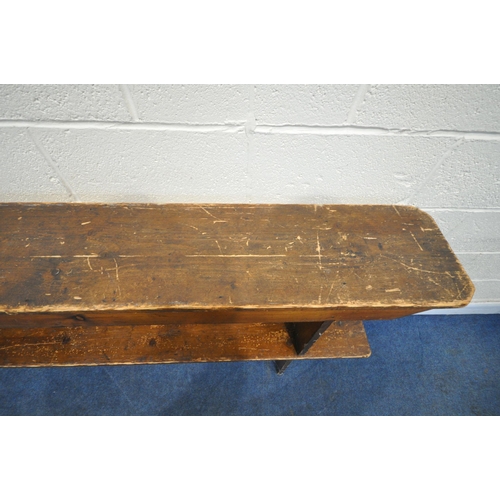 1236 - A PAIR OF 19TH CENTURY PINE BENCHES, from Acresford Methodist Church, with trestle legs, length 214c... 