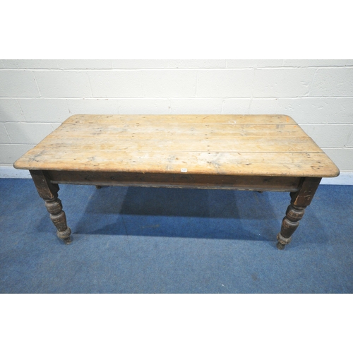 1237 - A 19TH CENTURY PINE FARMHOUSE TABLE, with a single drawer to one end, on later 20th century turned p... 