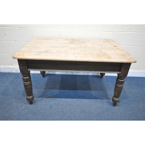 1238 - A 19TH CENTURY PINE FARMHOUSE TABLE, with a single drawer to one end, on later 20th century turned p... 