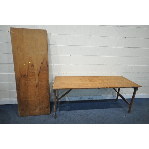 1241 - THREE WOODEN FOLDING TRESTLE TABLES, length 183cm x depth 66cm x height 76cm (condition report: hist... 