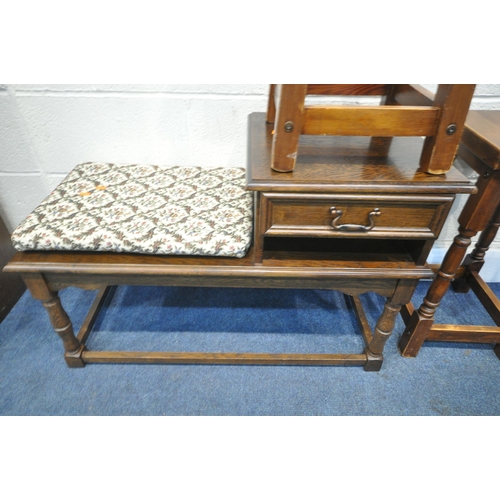 1244 - A 20TH CENTURY OAK TELEPHONE SEAT, with a single drawer, length 90cm x depth 40cm x height 58cm, alo... 