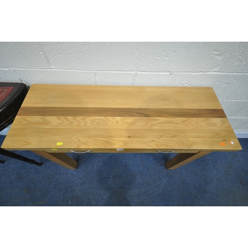 1246 - A MODERN SOLID OAK SIDE TABLE, with two frieze drawers, width 110cm x depth 40cm x height 76cm, alon... 