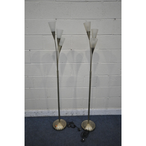 1255 - A PAIR OF METAL THREE BRANCH STANDARD LAMPS, height 169cm (2)