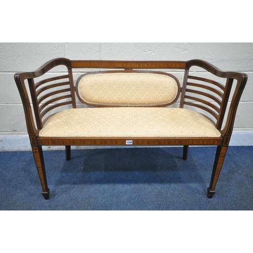 1258 - AN EDWARDIAN MAHOGANY AND INLAID SHERATON REVIVAL TWO SEATER SOFA, with shaped sides and armrests, o... 