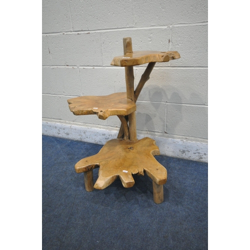 1265 - A RUSTIC LIVE EDGE THREE TIER STAND, with root supports and feet (condition report: good)