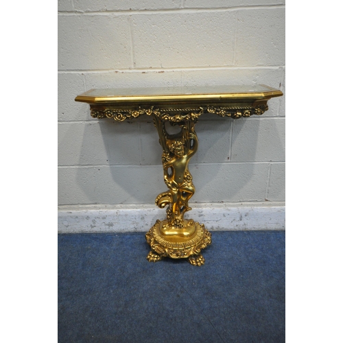 1271 - A REPRODUCTION ROCOCO STYLE GILT CONSOLE TABLE, with a glass insert, floral decoration, scantily cla... 