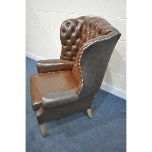 1273 - A BROWN LEATHER BUTTONED WING BACK ARMCHAIR, with studded detail, width 79cm x depth 86cm x height 1... 