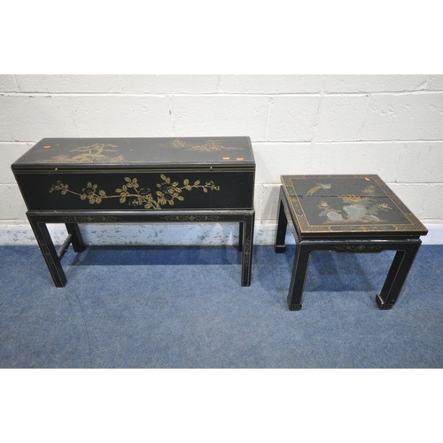 1274 - A 20TH CENTURY BLACK LACQUER AND CHINOISERIE DECORATED BLANKET CHEST ON STAND, with a single hinged ... 