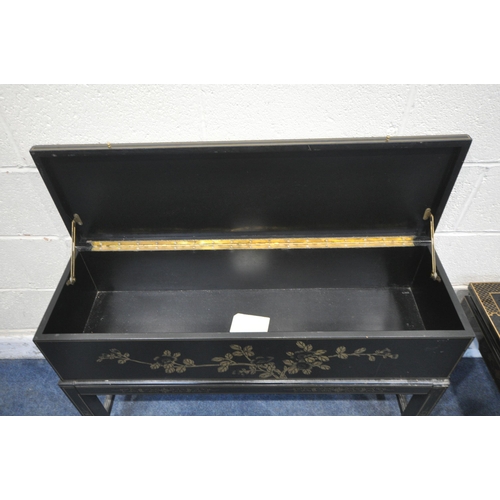 1274 - A 20TH CENTURY BLACK LACQUER AND CHINOISERIE DECORATED BLANKET CHEST ON STAND, with a single hinged ... 