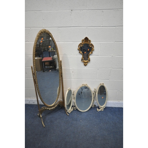 1277 - A GILT FRAMED OVAL CHEVAL MIRROR, width 48cm x height 152cm, a small gilt wall mirror and a distress... 