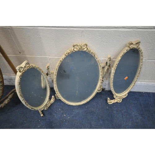 1277 - A GILT FRAMED OVAL CHEVAL MIRROR, width 48cm x height 152cm, a small gilt wall mirror and a distress... 