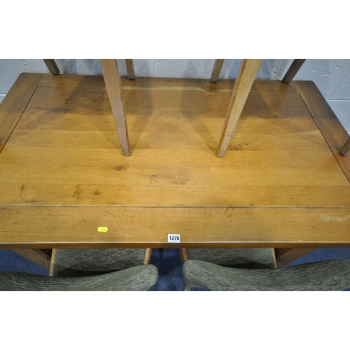 1278 - AN SOLID OAK RECTANGULAR TABLE, length 130cm x depth 75cm x height 75cm, along with a set of four ch... 