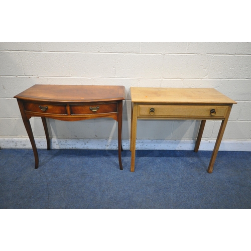 1279 - A 20TH CENTURY MAHOGANY BOW FRONT SIDE TABLE, with two frieze drawers, on cabriole legs, width 92cm ... 