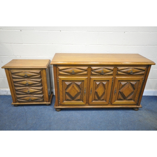 1282 - A SOLID OAK SIDEBOARD, with three drawers above three cupboard doors, length 156cm x depth 53cm x he... 