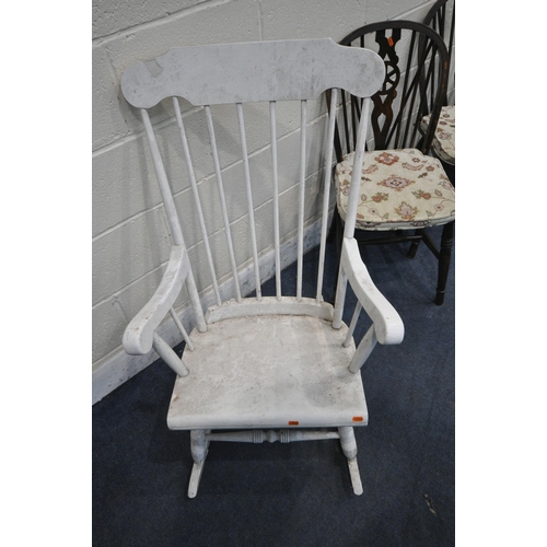 1284 - A SELECTION OF CHAIRS, to include a set of four 20th century oak wheel back chairs, an oak hall chai... 