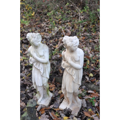 1003 - A MATCHING PAIR OF COMPOSITE GARDEN FIGURES, of two scantily clad ladies, height 79cm (condition rep... 