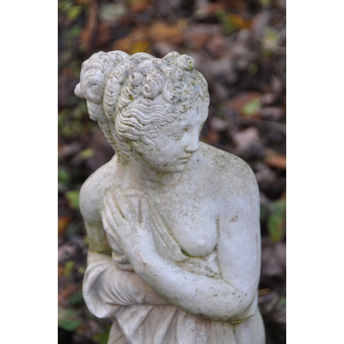 1003 - A MATCHING PAIR OF COMPOSITE GARDEN FIGURES, of two scantily clad ladies, height 79cm (condition rep... 