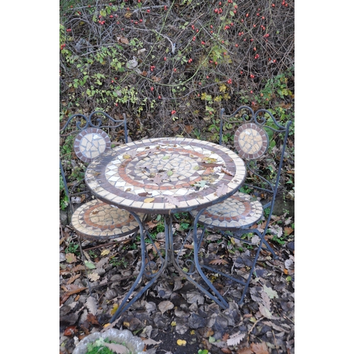 1004 - A METAL CIRCULAR GARDEN TABLE, with a tile insert, 70cm diameter x height 75cm, and two matching fol... 