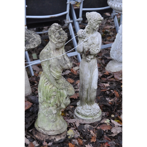 1012 - THREE WEATHERED COMPOSITE GARDEN FIGURES, of scantily clad ladies, max height 80cm, and two plastic ... 