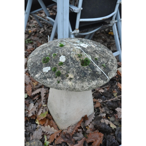 1013 - A WEATHERED COMPOSITE STADDLE STONE, 47cm Diameter x height 54cm (condition report: weathered finish... 