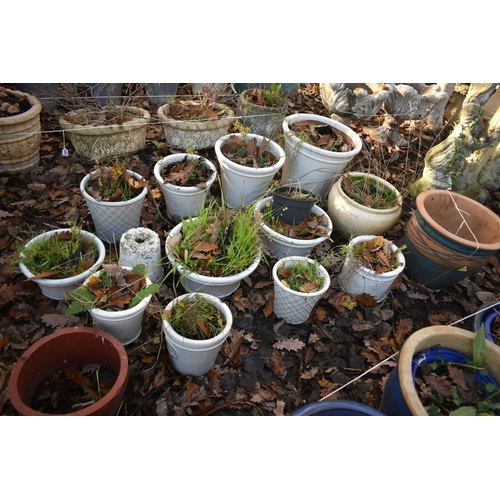 1023 - A SELECTION OF WHITE GLAZED GARDEN PLANTERS, largest diameter 42cm x height 35cm, along with two oth... 