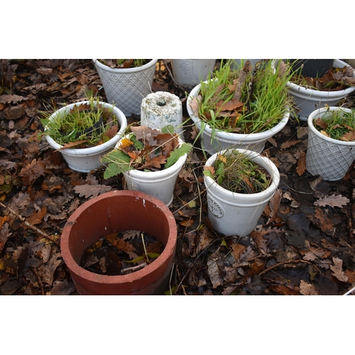 1023 - A SELECTION OF WHITE GLAZED GARDEN PLANTERS, largest diameter 42cm x height 35cm, along with two oth... 