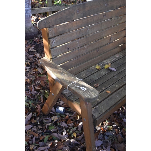 1035 - A TEAK SLATTED GARDEN BENCH, length 127cm (condition report: weathered finish)