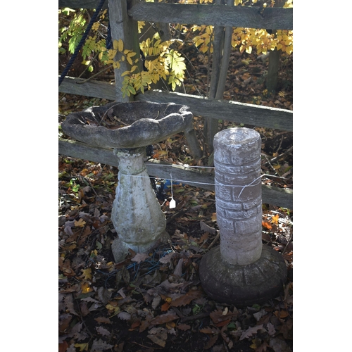 1037 - A WEATHERED COMPOSITE SHELL SHAPED BIRD BATH, height 68cm, along with a bird bath base (condition re... 