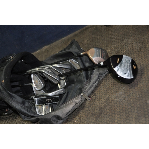 1055 - A MACGREGOR GOLF BAG CONTAINING TEN MacGREGOR IRONS, a Wilson and a Dunlop drivers, used golf balls