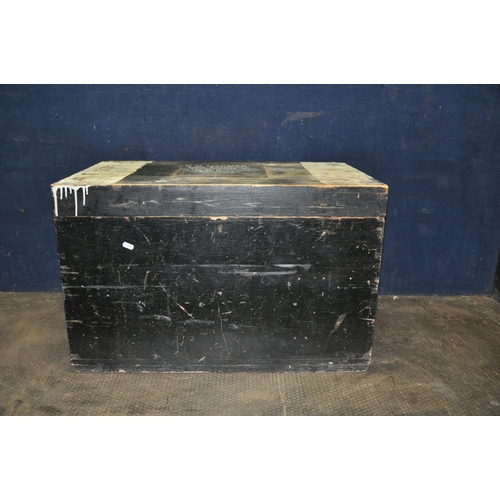 1061 - A LARGE PINE CARPENTERS TOOLBOX painted in black with a lift out tray, a painted plaque stating D.M.... 