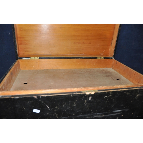 1061 - A LARGE PINE CARPENTERS TOOLBOX painted in black with a lift out tray, a painted plaque stating D.M.... 