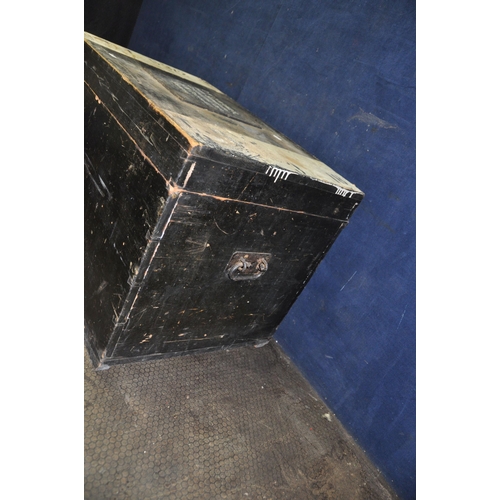 1061 - A LARGE PINE CARPENTERS TOOLBOX painted in black with a lift out tray, a painted plaque stating D.M.... 