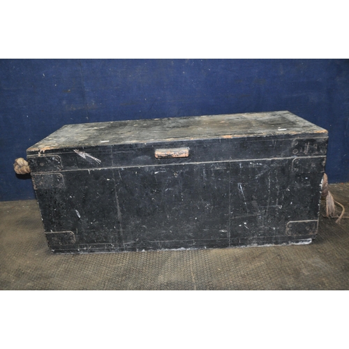 1062 - A VINTAGE PINE CARPENTERS TOOLBOX paint in black and rope handles including four handmade coffin pla... 