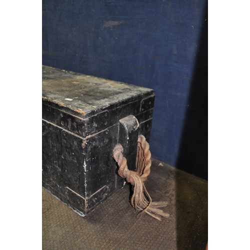 1062 - A VINTAGE PINE CARPENTERS TOOLBOX paint in black and rope handles including four handmade coffin pla... 