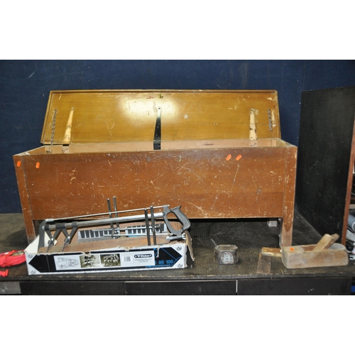 1078 - A BEECHWOOD TOOLCHEST with lift up lid and tools including an oak coffin plane, a Rabone and Chester... 