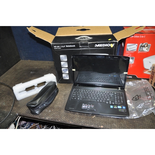 1083 - FOUR ITEMS OF HOUSEHOLD COMPUTING EQUIPMENT comprising of a Medion Akoya Notebook computer (brand ne... 