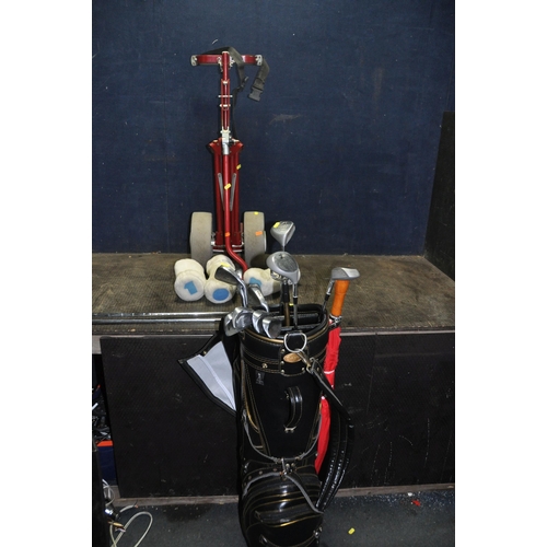 1096 - A HOGAN GOLF BAG CONTAINING EIGHT JOHN LETTER TRILOGY IRONS, a Ping Zing 2 Putter, a Mizuna putter a... 