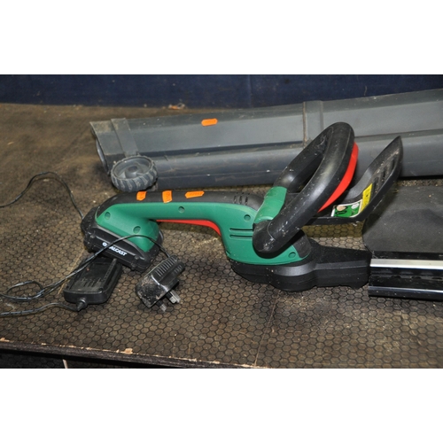 1104 - A QUALCAST CHT18LA1 CORDLESS HEDGE TRIMMER with one battery and charger , a matching pole hedge trim... 