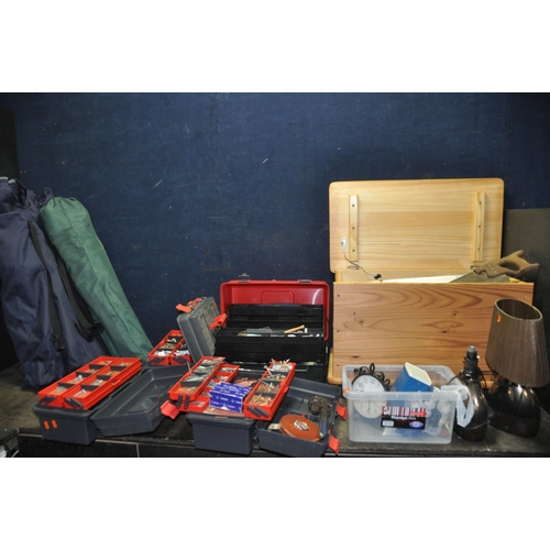 1113 - A WOODEN CHEST AND FOUR TOOLBOXES CONTAINING TOOLS and three folding camping chairs along with vinta... 