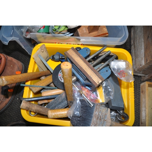 1114 - A VINTAGE WOODEN CRATE AND TWO BOXES CONTAINING TOOLS  crate has four lift out trays with hammers, c... 