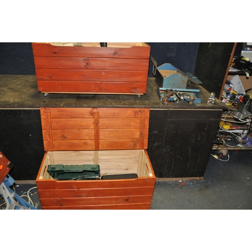 1115 - TWO WOODEN CHESTS AND A METAL TOOLBOX CONTAINING POWER AND HAND TOOLS including  a Bosch PSB650 RES ... 